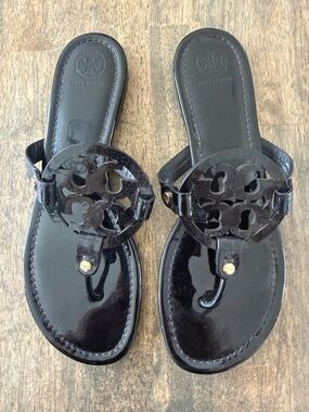 Tory Burch Black Patent Logo Toe-Post Sandals